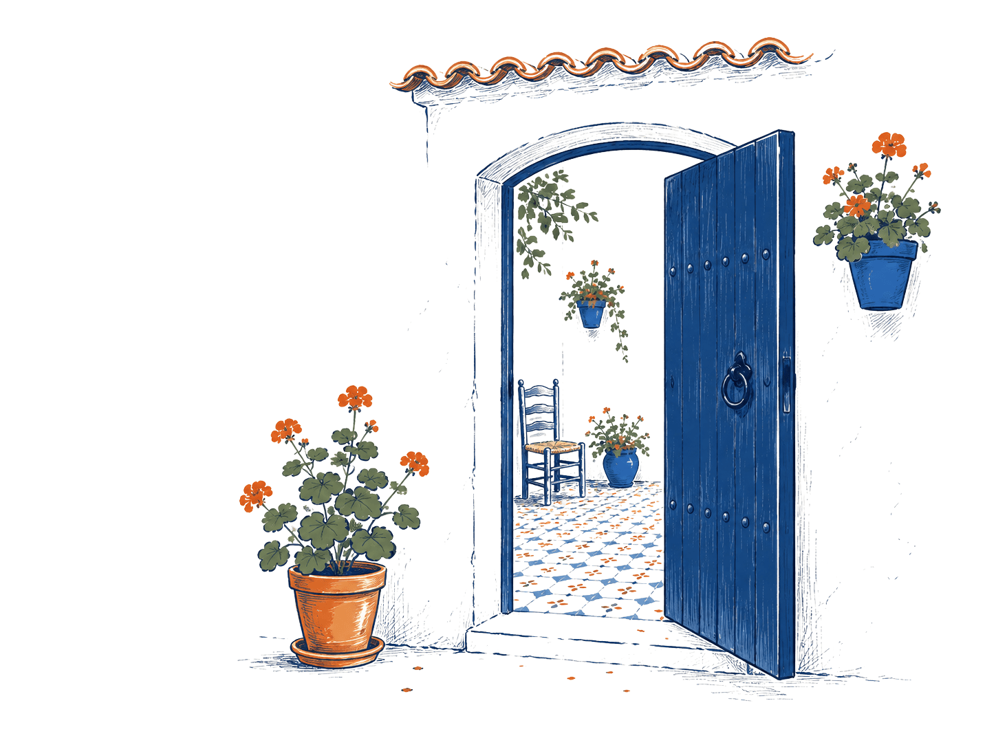 Ilustración de una puerta de patio abierta con macetas dando la bienvenida