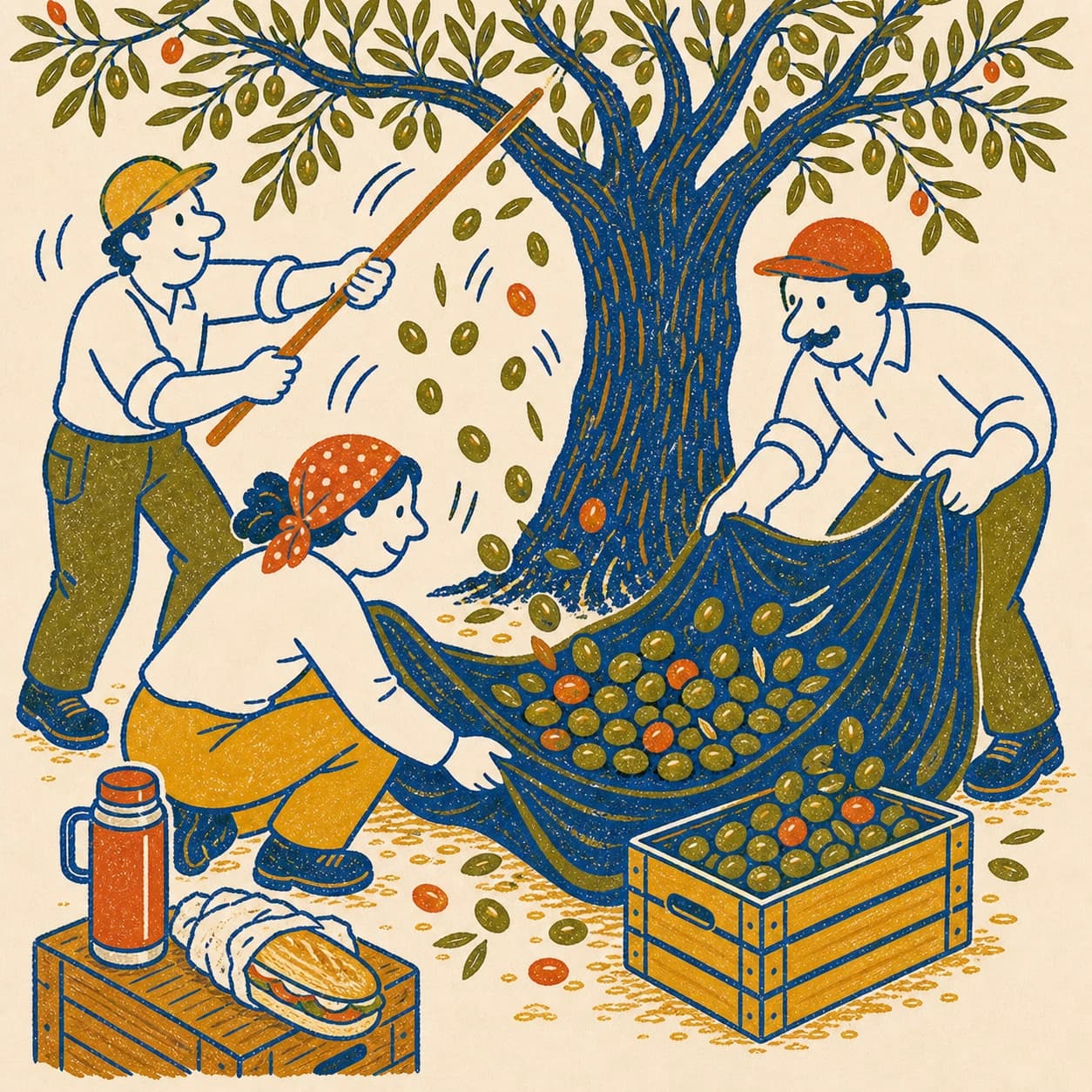 Cuadrilla vareando y recogiendo aceitunas sobre los faldos, con el bocadillo esperando en una caja, colección El Olivar