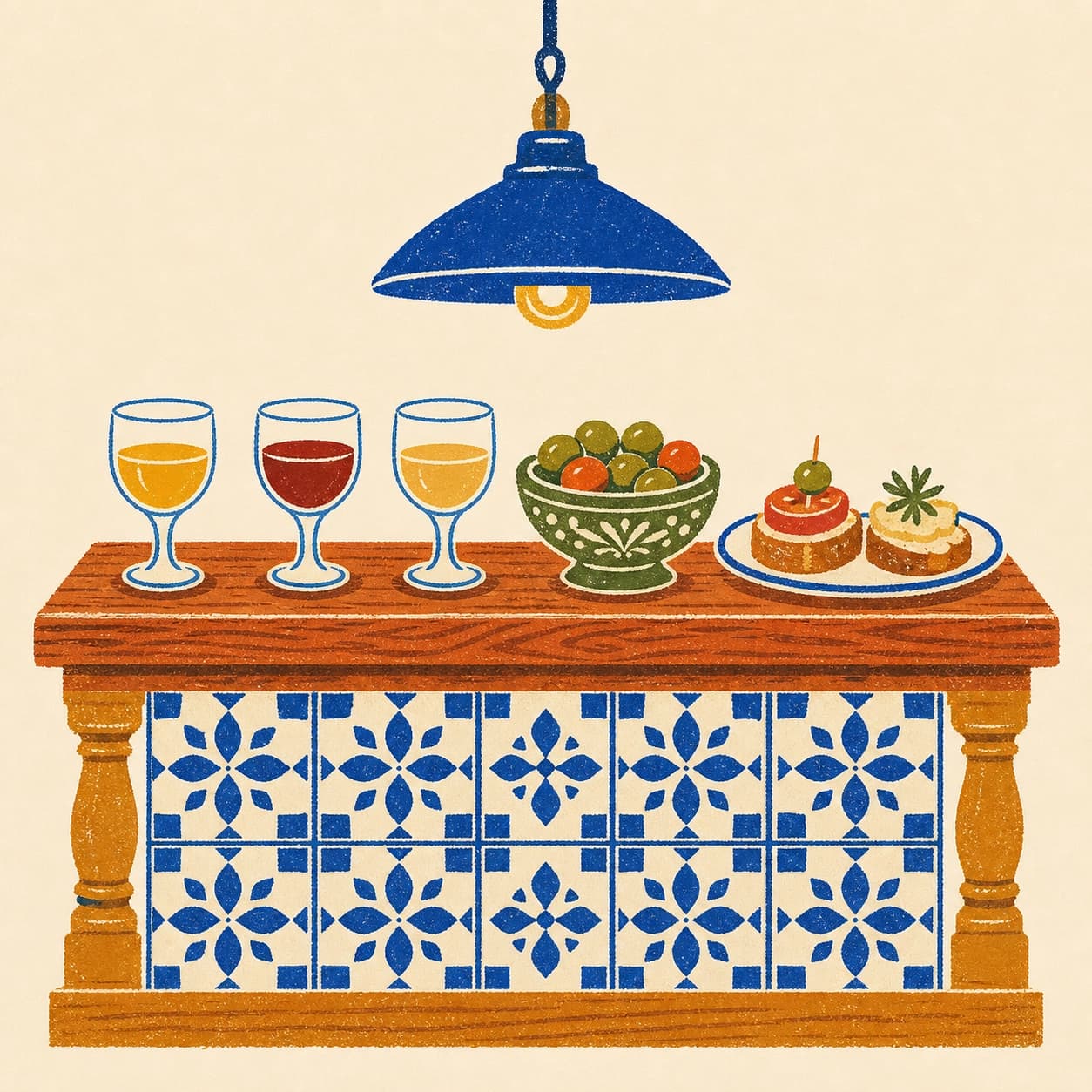 Mesa puesta con flamenquín, cuenco de salmorejo y vasos de fino, colección La Mesa