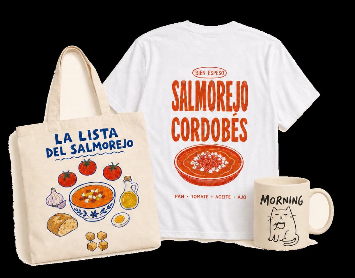 Camiseta Salmorejo Cordobés junto a la tote bag La Lista del Salmorejo y la taza Morning