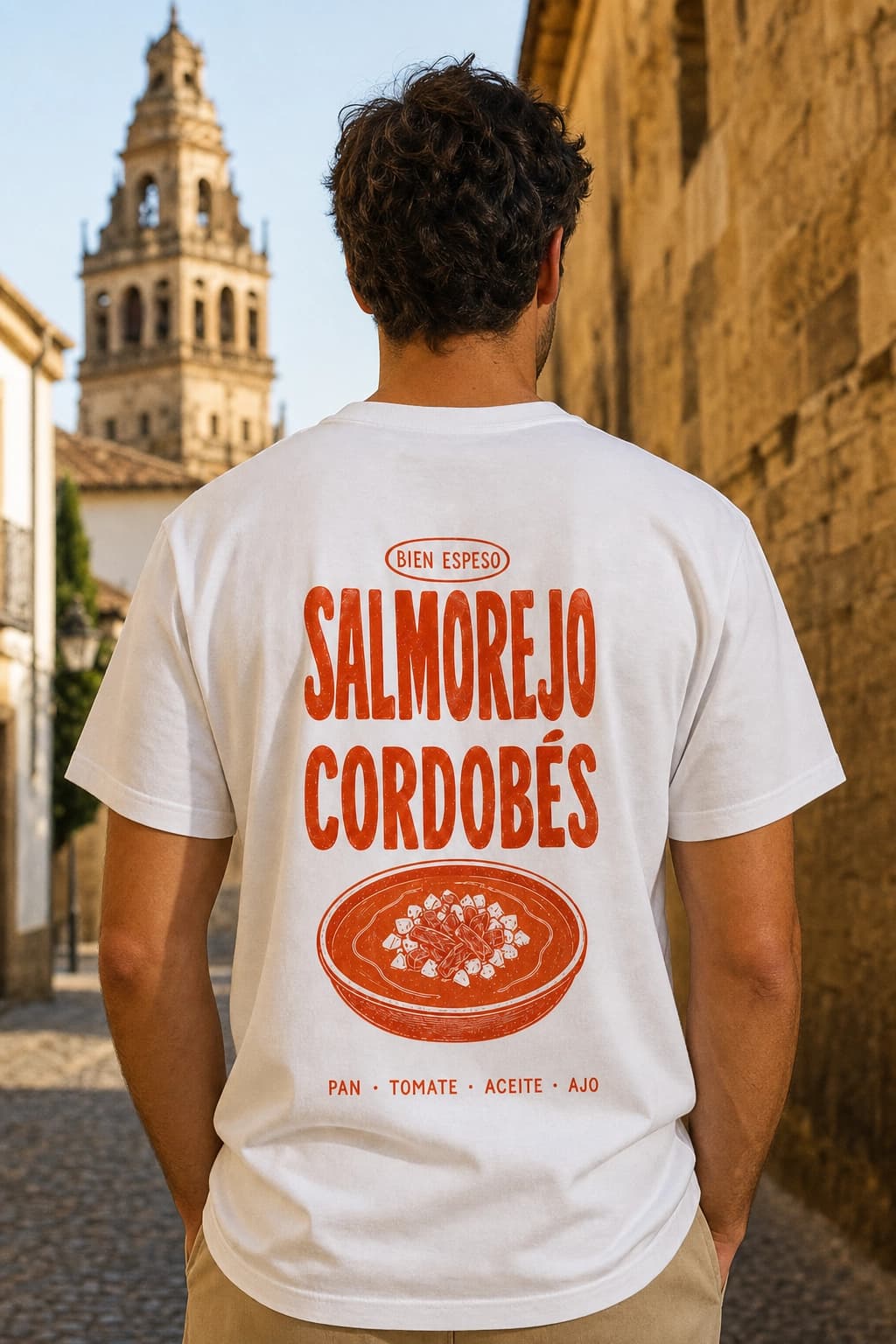 Chico de espaldas con la camiseta Salmorejo Cordobés en una calle histórica cordobesa