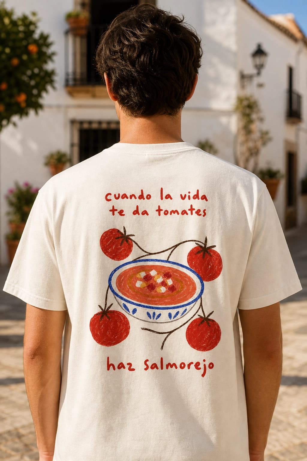 Chico de espaldas con la camiseta Haz Salmorejo en una plaza andaluza