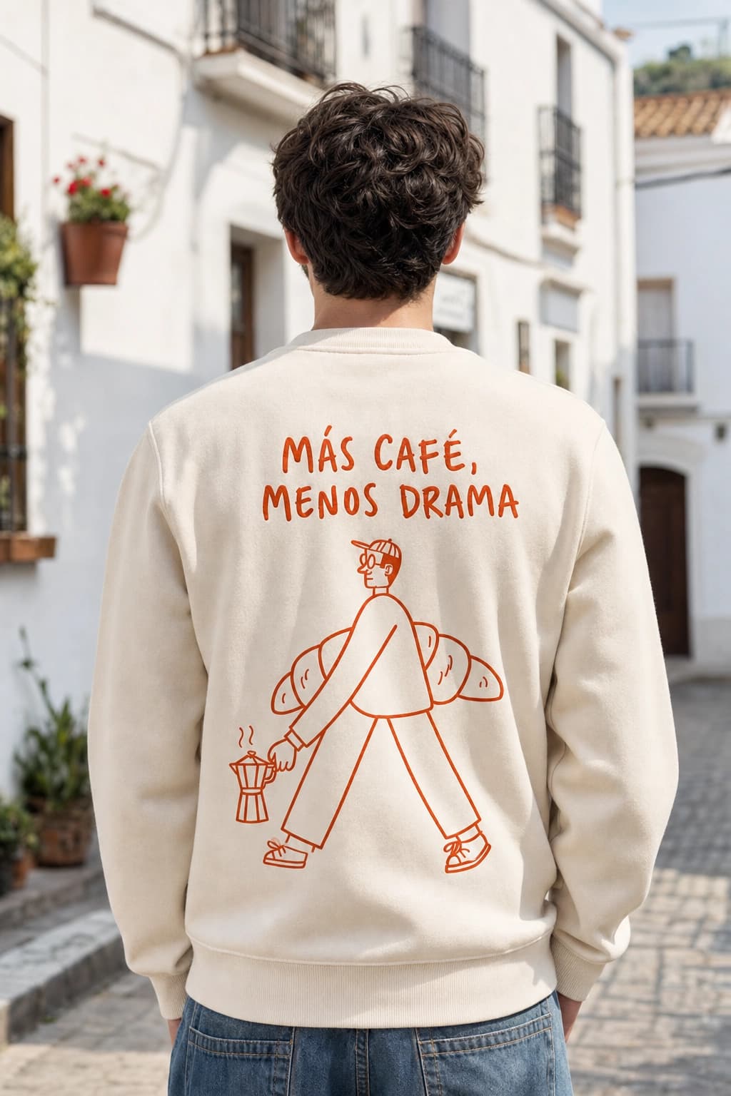 Chico de espaldas con la sudadera Más Café, Menos Drama en una calle andaluza