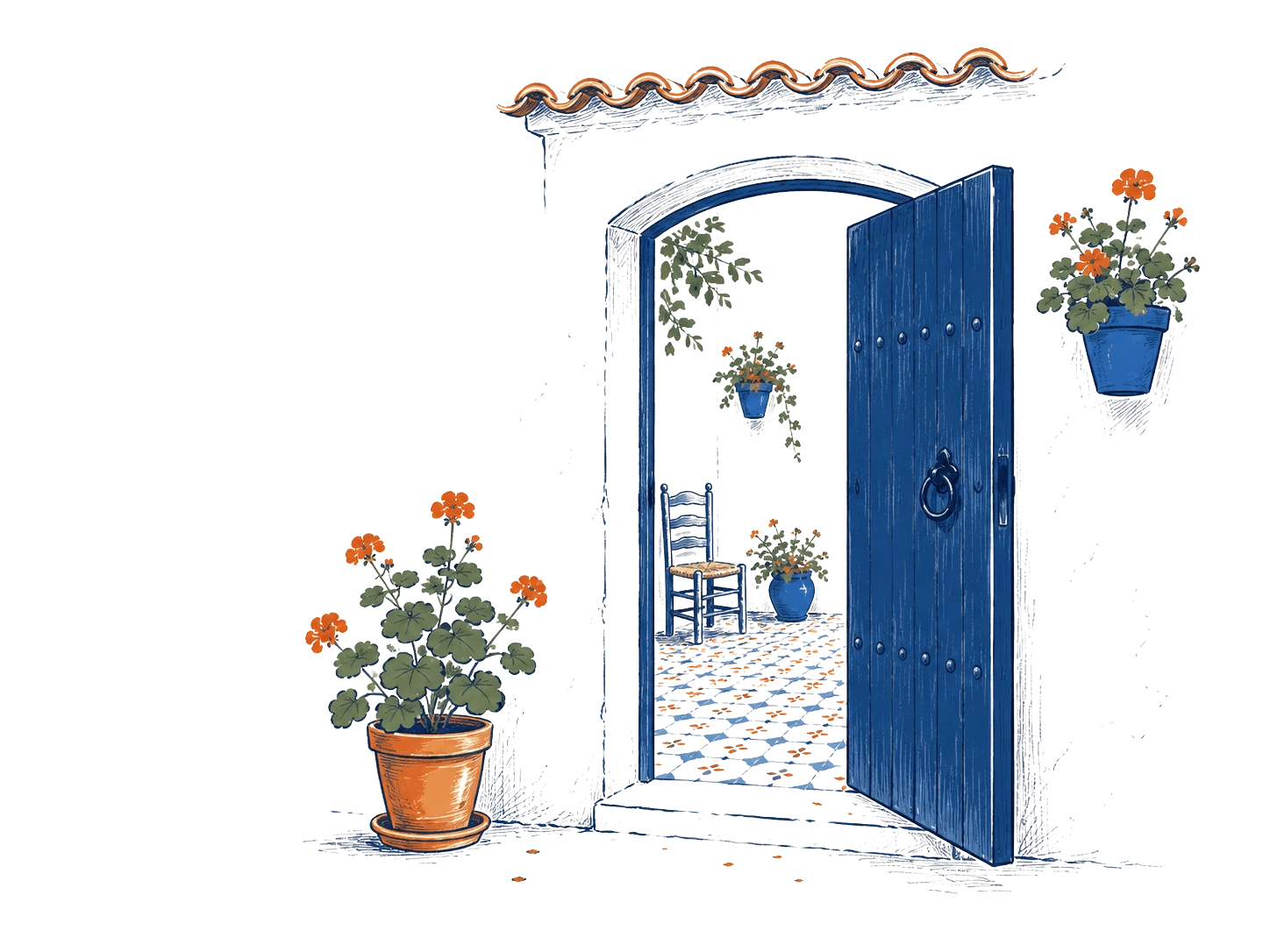 Ilustración de una puerta de patio abierta con macetas dando la bienvenida