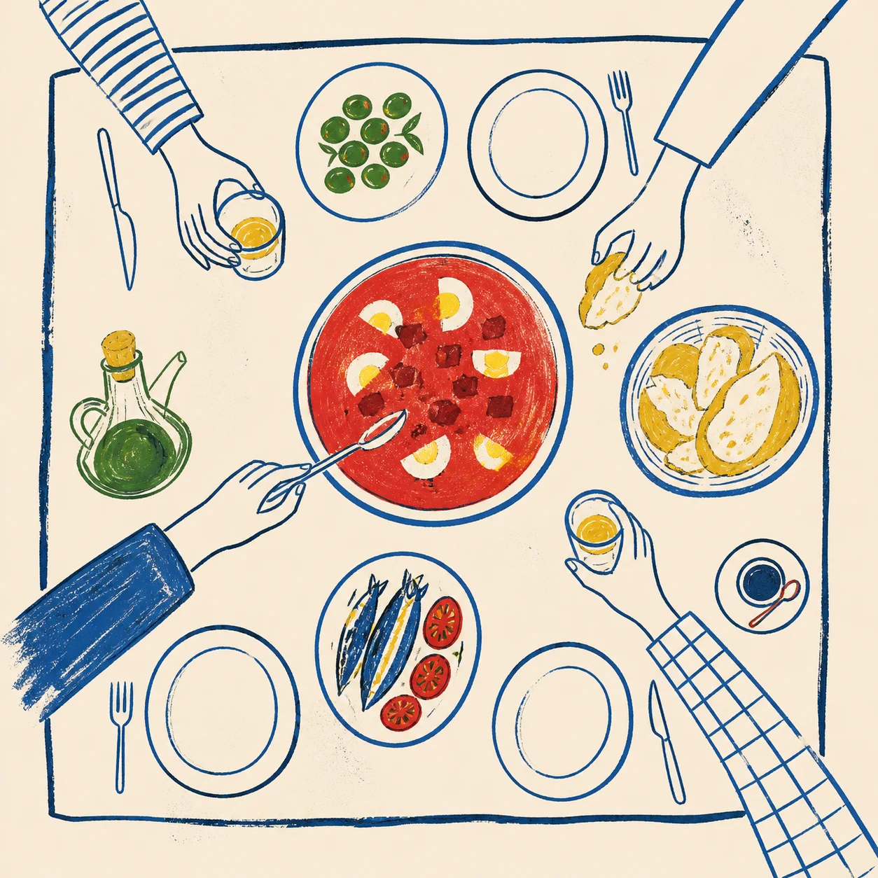 Mesa compartida vista desde arriba con salmorejo, aceitunas, pan, pescado, café y varias manos alrededor, colección La Mesa