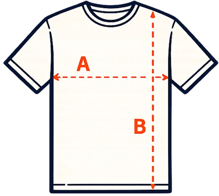 Diagrama de una camiseta con la medida A del ancho marcada en horizontal y la B del largo en vertical