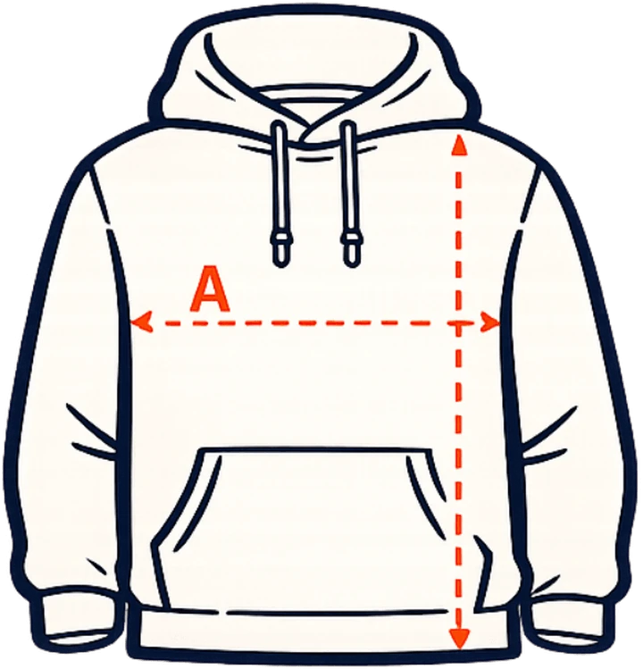 Diagrama de una sudadera con la medida A del ancho marcada en horizontal y la B del largo en vertical