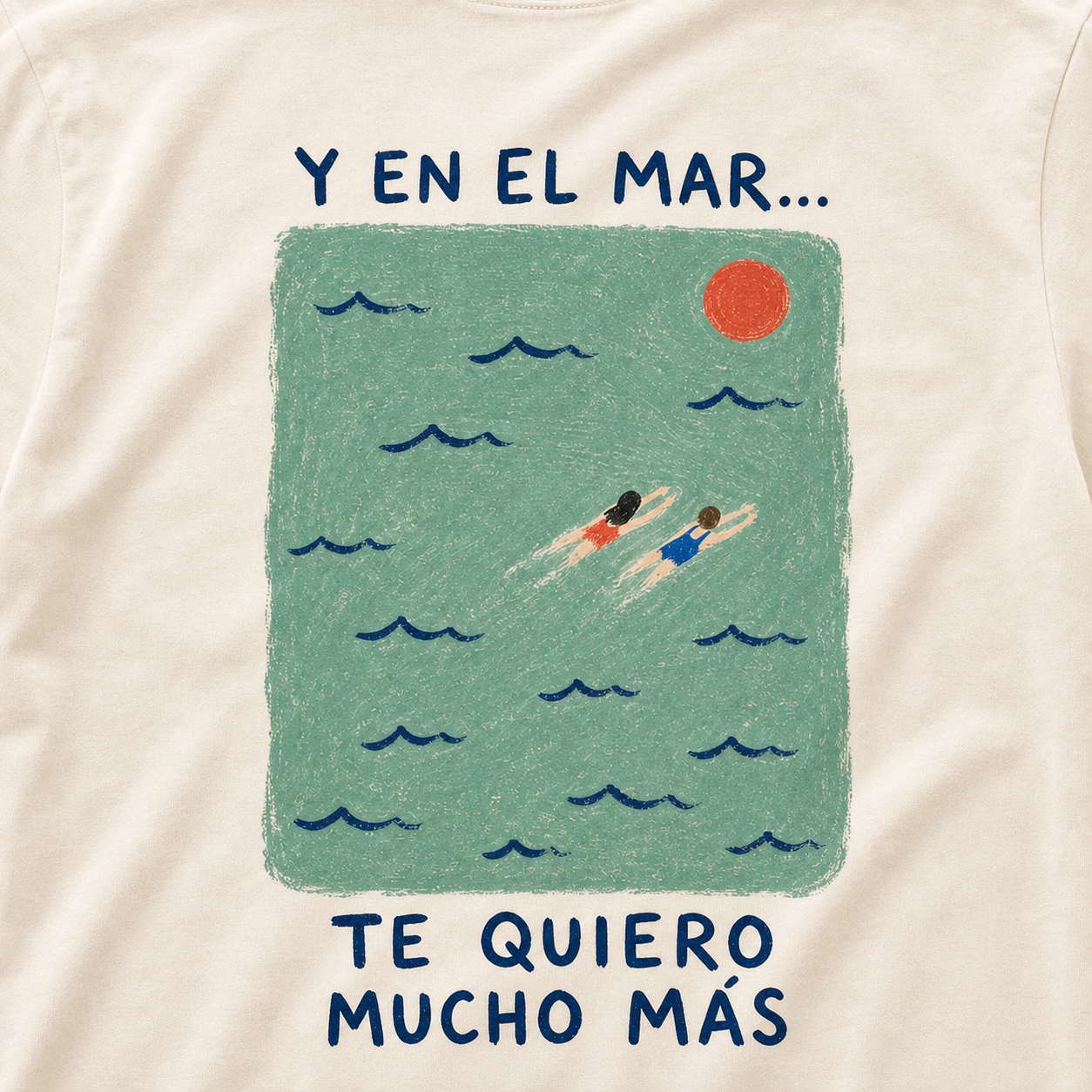 Detalle del diseño En el Mar, con dos nadadores entre olas sobre algodón