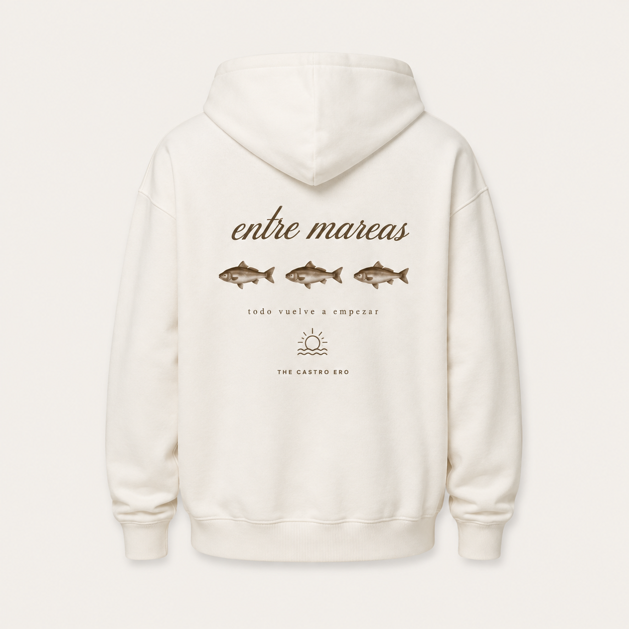 Espalda completa de la sudadera Entre Mareas con su ilustración y frases en marrón